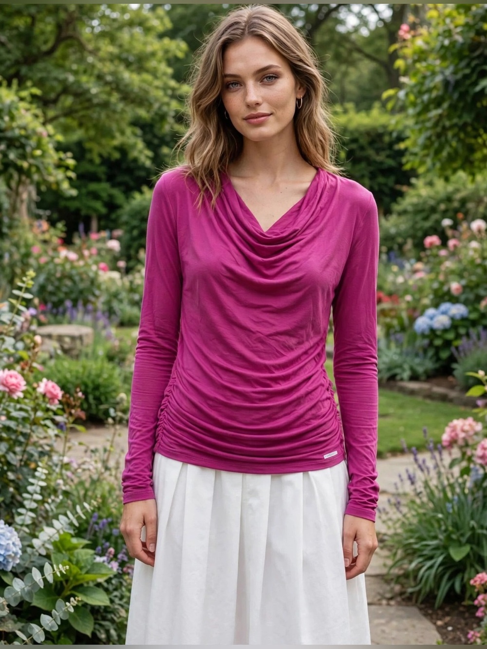 MICHAEL KORS Romantic Fuschia Plunging Drape Neck L/S Jersey Blouse (LARGE ) NWT